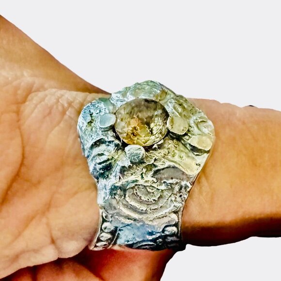 Repurposed Silver-Plated Spoon 6MM Citrine Cocktail Artisan Boho Metalwork Sz 8 - Picture 3 of 16